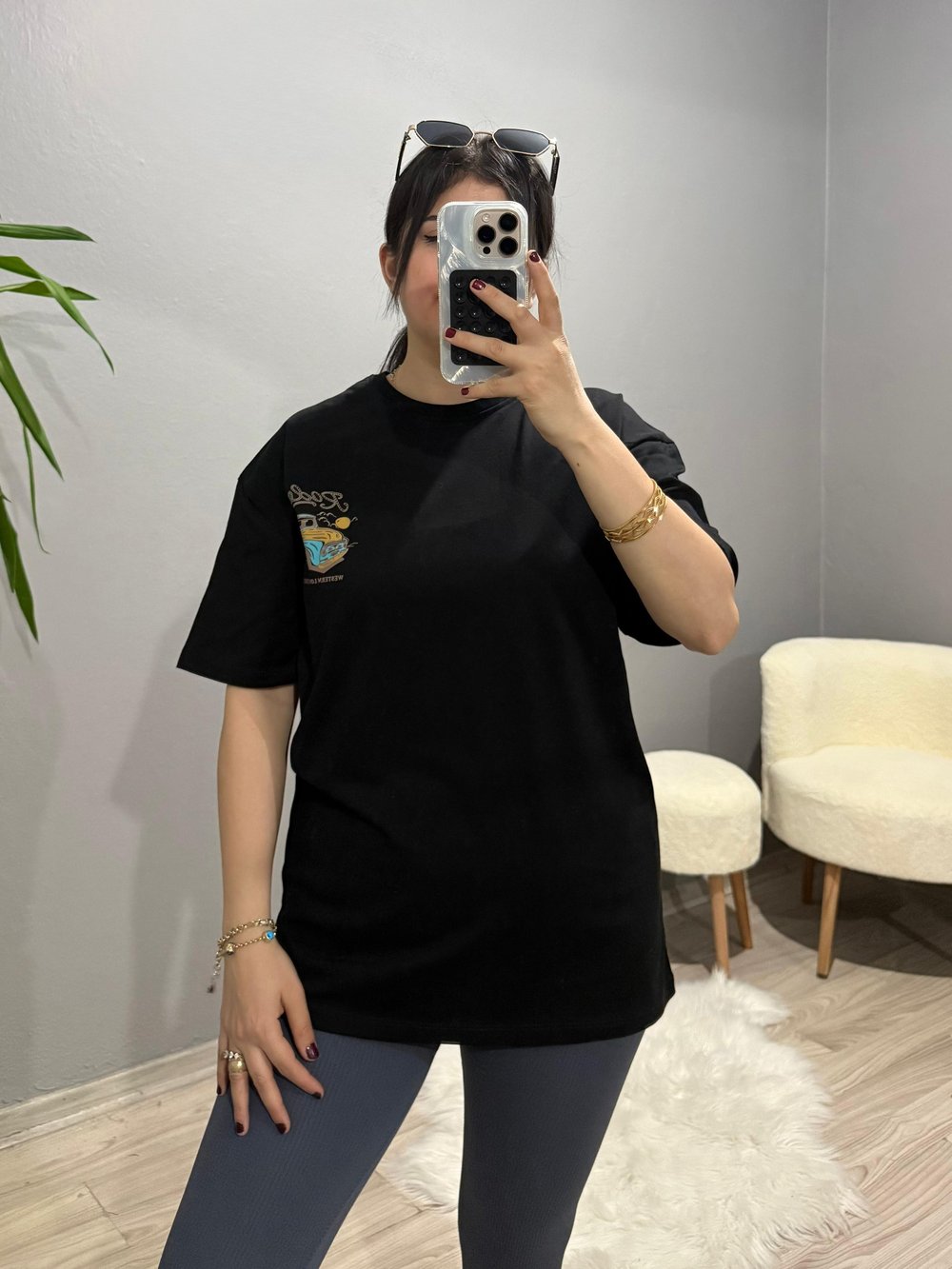 Ön Arka Baskılı Bisiklet Yaka Oversize Tshirt - Siyah