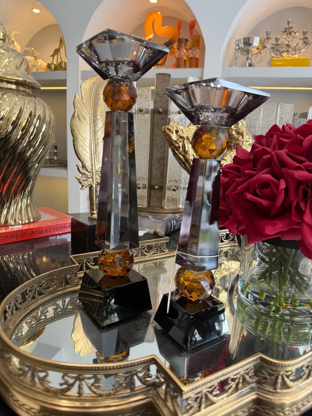 İkili Prizma Füme Kahve Kristal Royal Şamdan 