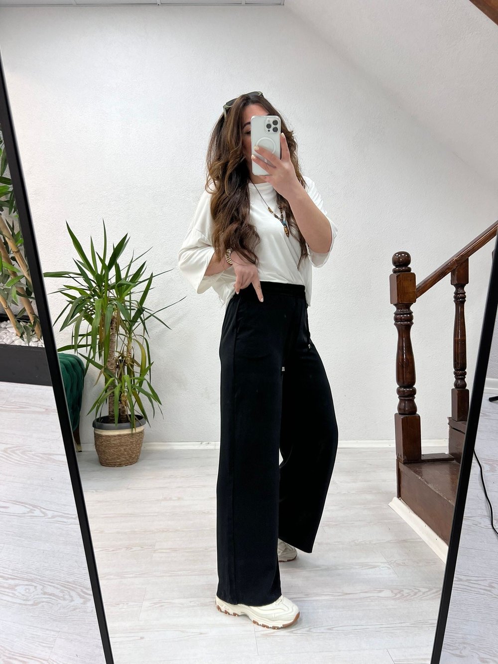 BEL LASTİKLİ TENSEL PANTOLON SİYAH - 1348