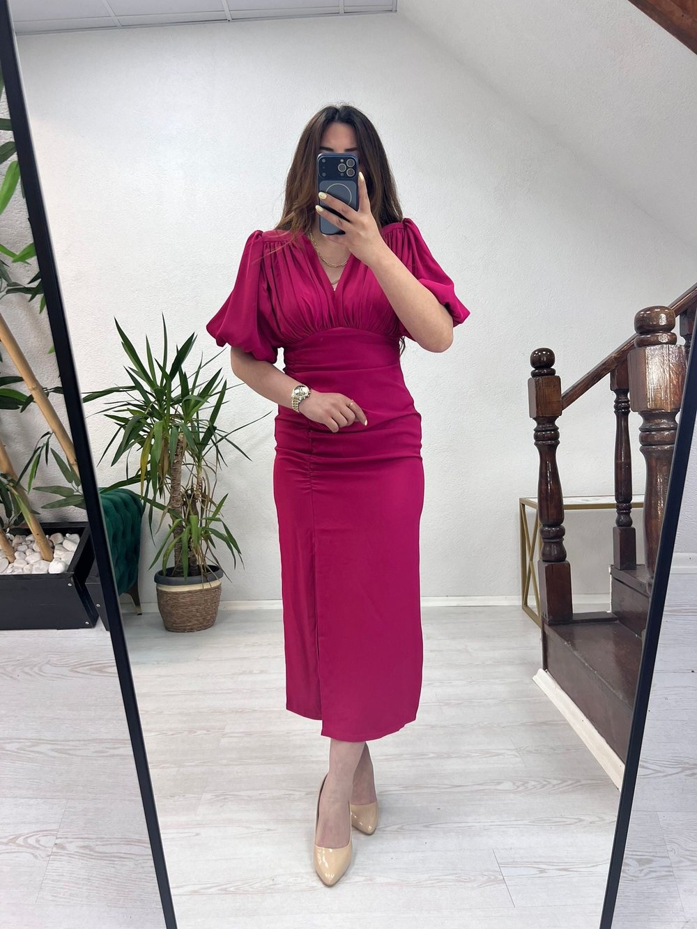 DRAPELİ MİDİ ELBİSE PEMBE - 1377