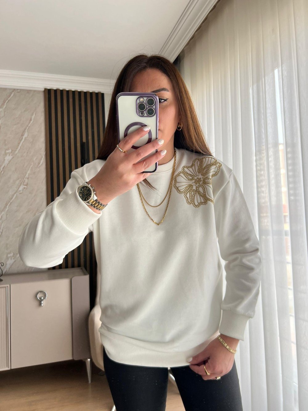 GOLD NAKIŞLI SWEAT BEYAZ  - 1231