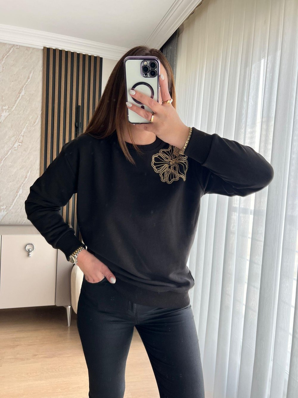 GOLD NAKIŞLI SWEAT SİYAH - 1231