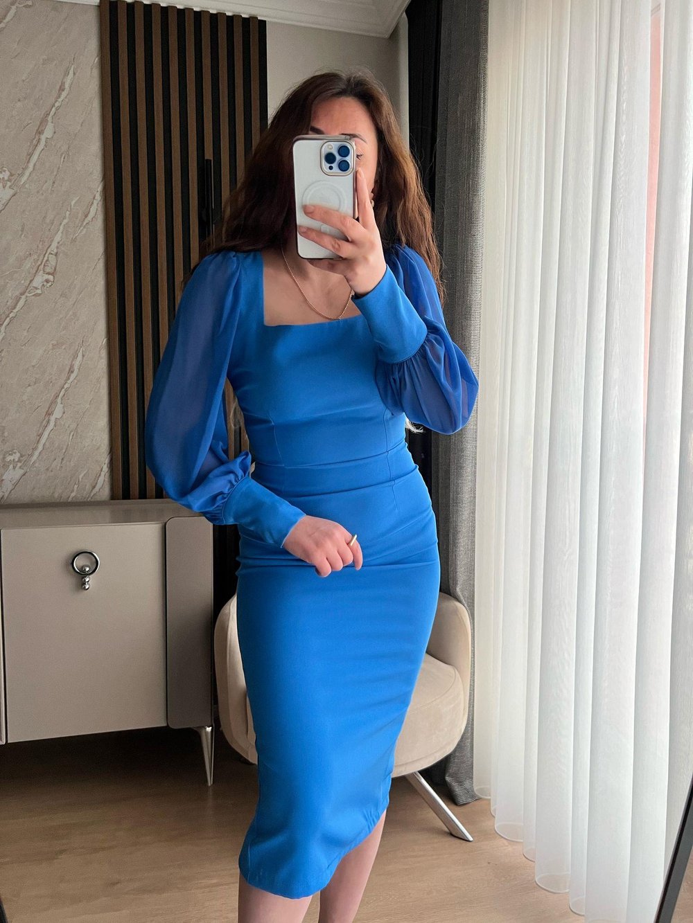 Mavi kol sifon elbise 1056