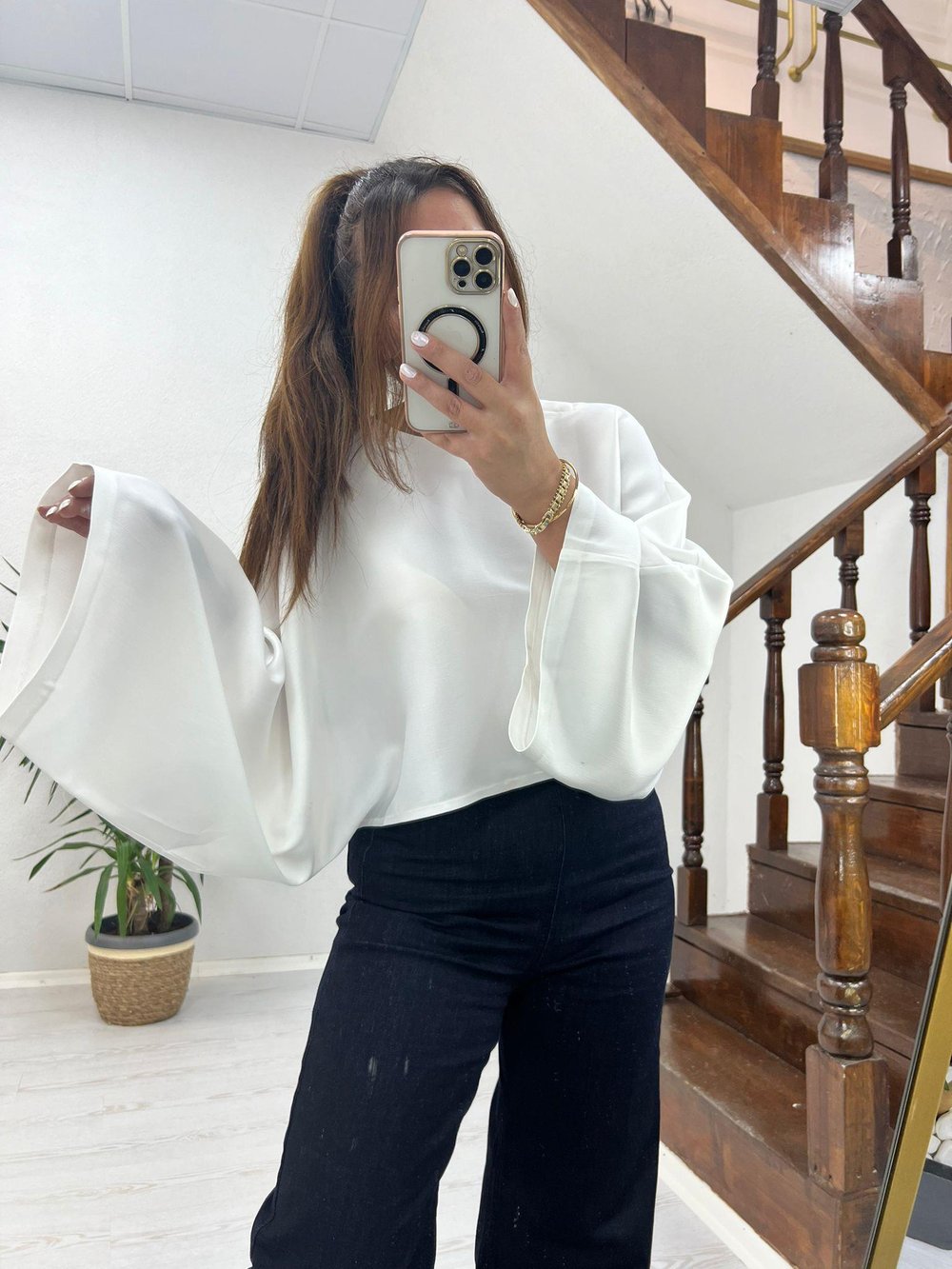 SATEN YARASA KOL BLUZ BEYAZ - 1196