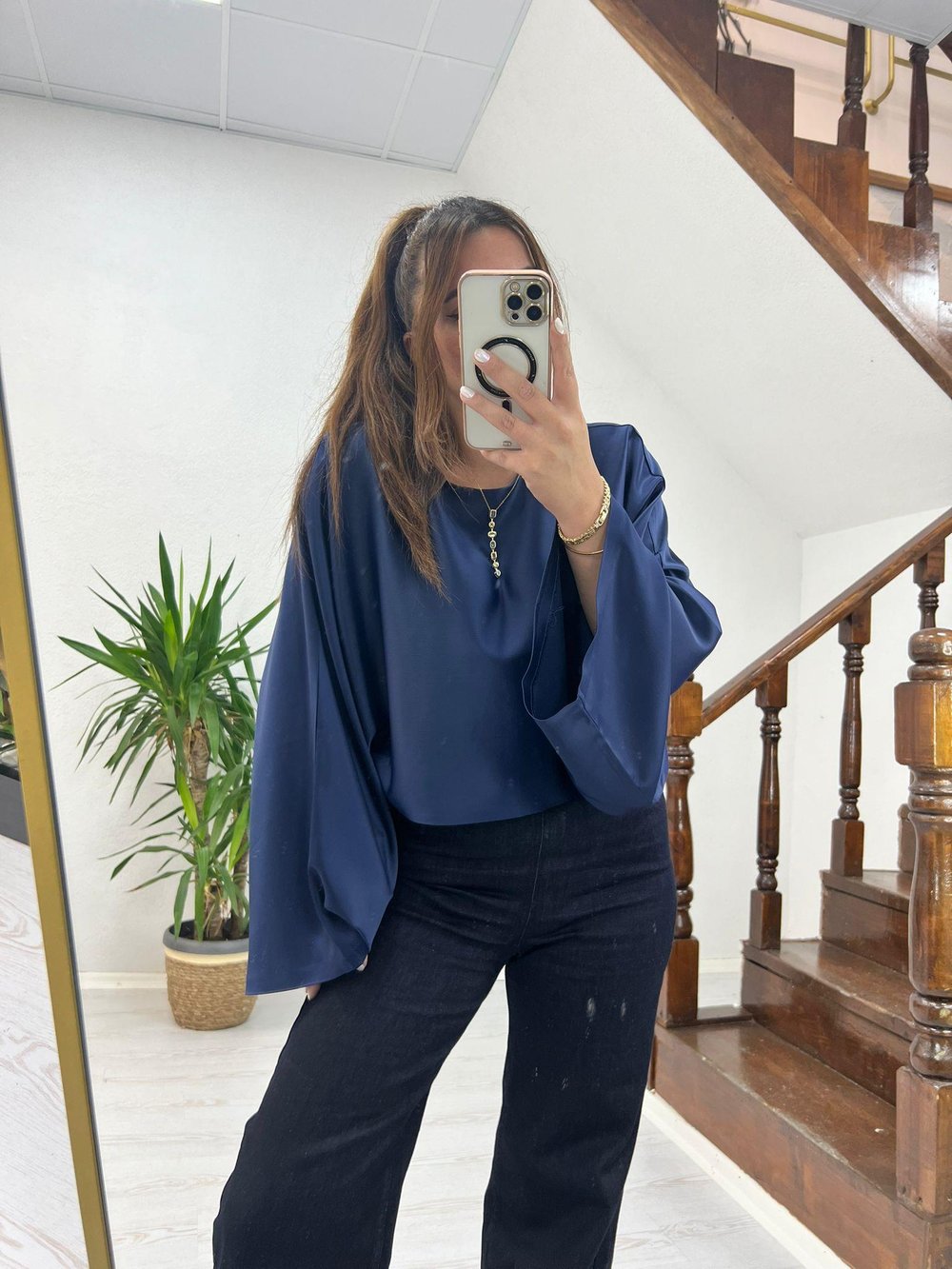 SATEN YARASA KOL BLUZ LACİVERT -1196