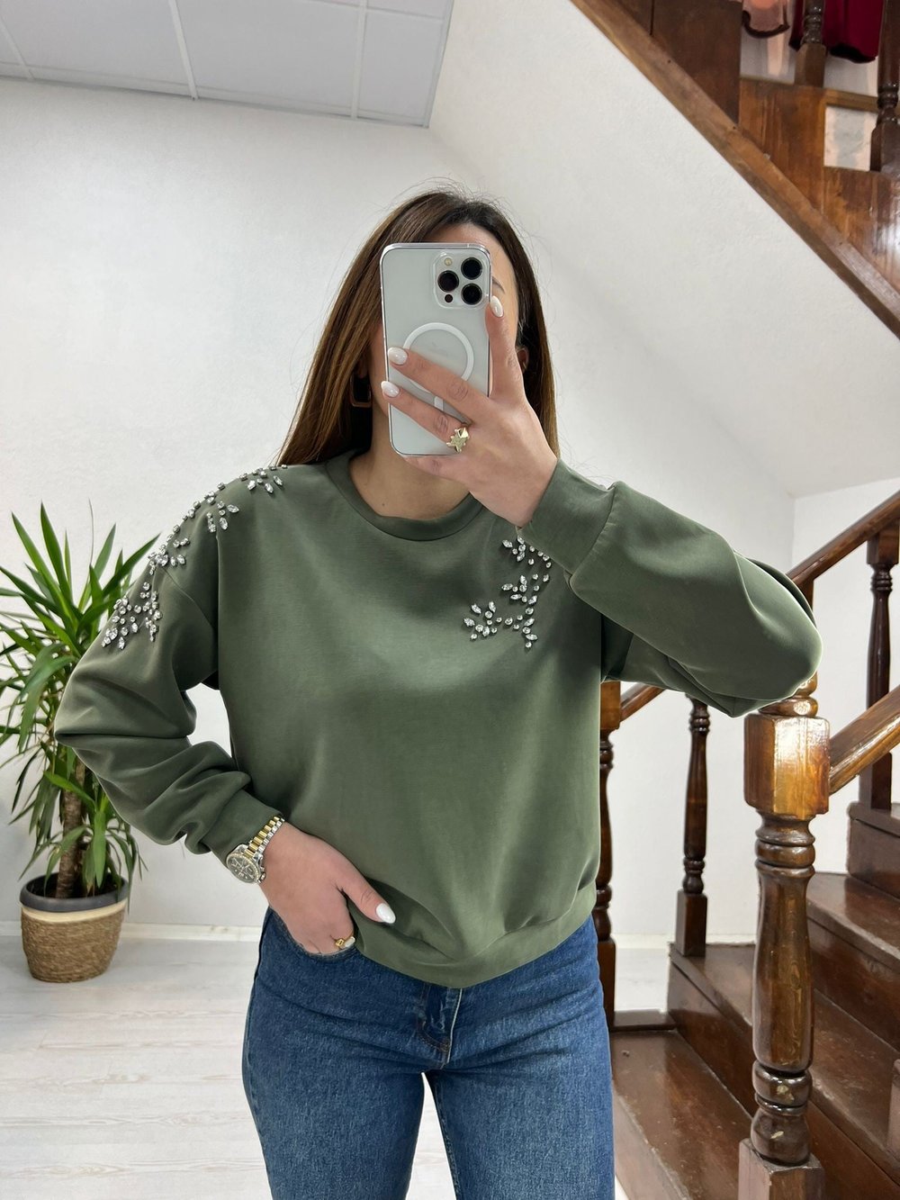 TAŞ DETAYLI SWEAT YEŞİL - 1268