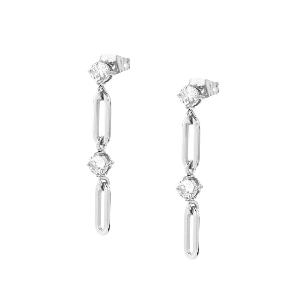 Chainsofstyle Zirkon Taşlı Çelik Zincir Küpe Gümüş Renk