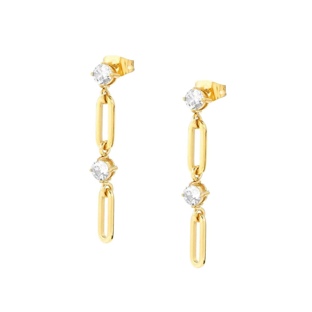 Chainsofstyle Zirkon Taşlı Çelik Zincir Küpe Altın Renk