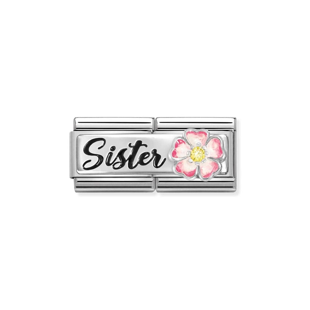 Composable Classic Çift Link Sister ve Pembe Çiçek 925 Ayar Gümüş