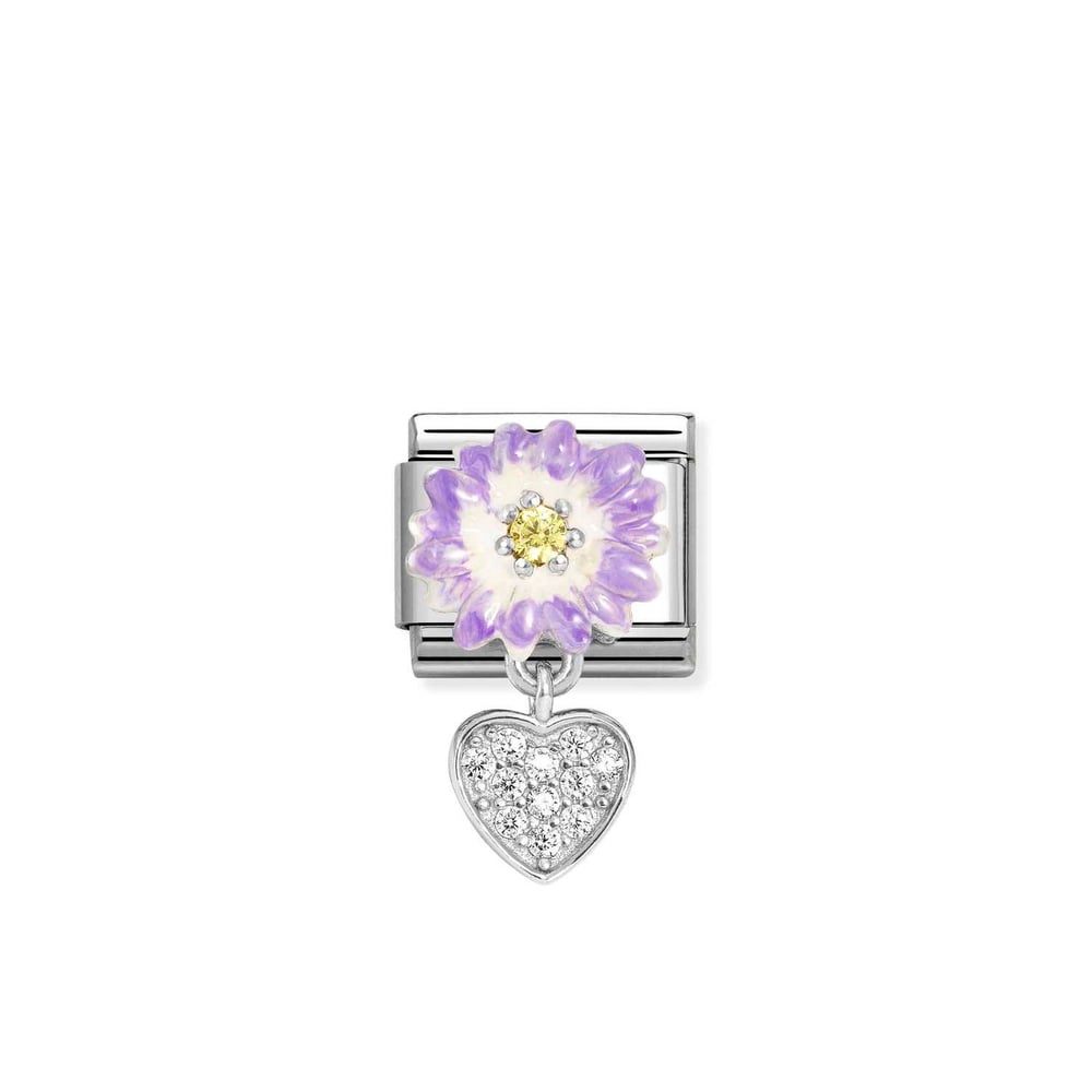 Composable Classic Link Kalp ve Lila Çiçek 925 Ayar Gümüş Charm