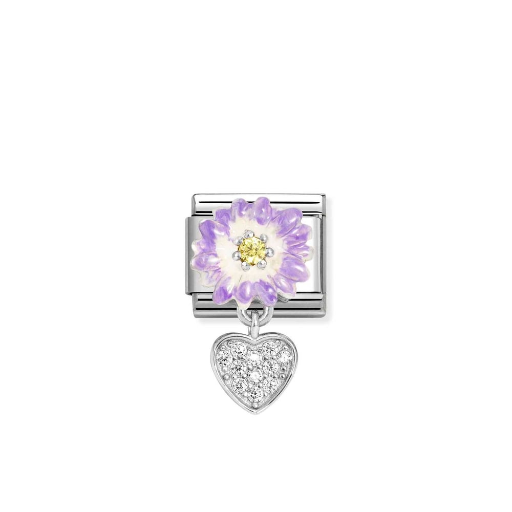 Composable Classic Link Kalp ve Lila Çiçek 925 Ayar Gümüş Charm