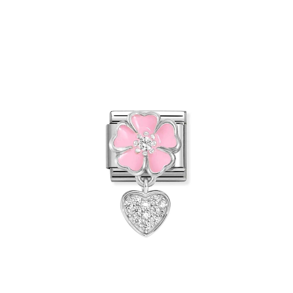 Composable Classic Link Kalp ve Pembe Çiçek 925 Ayar Gümüş Charm