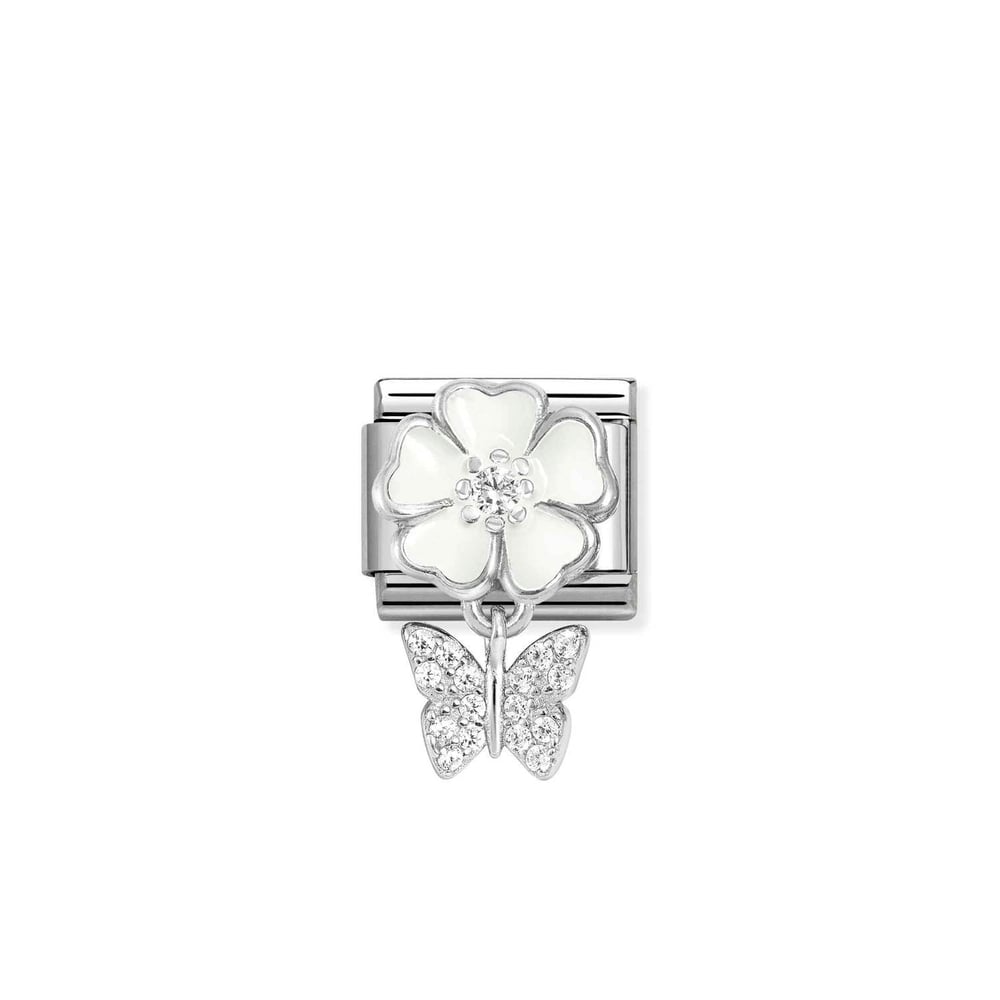 Composable Classic Link Kelebek ve Beyaz Çiçek 925 Ayar Gümüş Charm