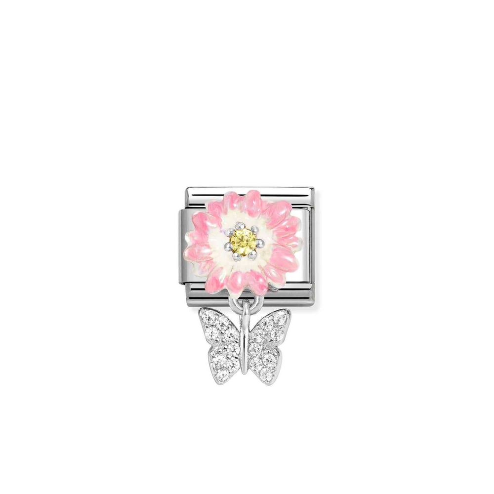 Composable Classic Link Kelebek ve Pembe Çiçek 925 Ayar Gümüş Charm