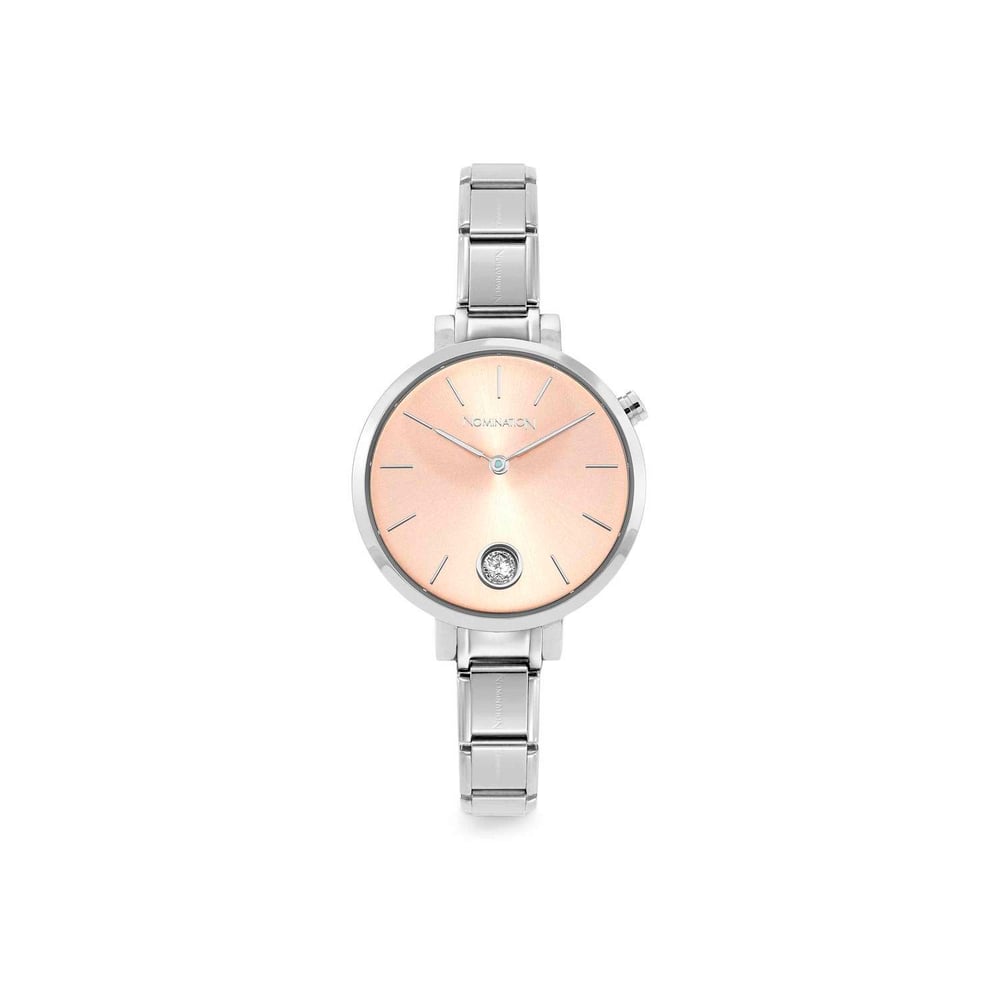 Composable Classic Time Yuvarlak Pembe Kadran Beyaz Zirkon Taşlı Gümüş Renk Kadın Kol Saati