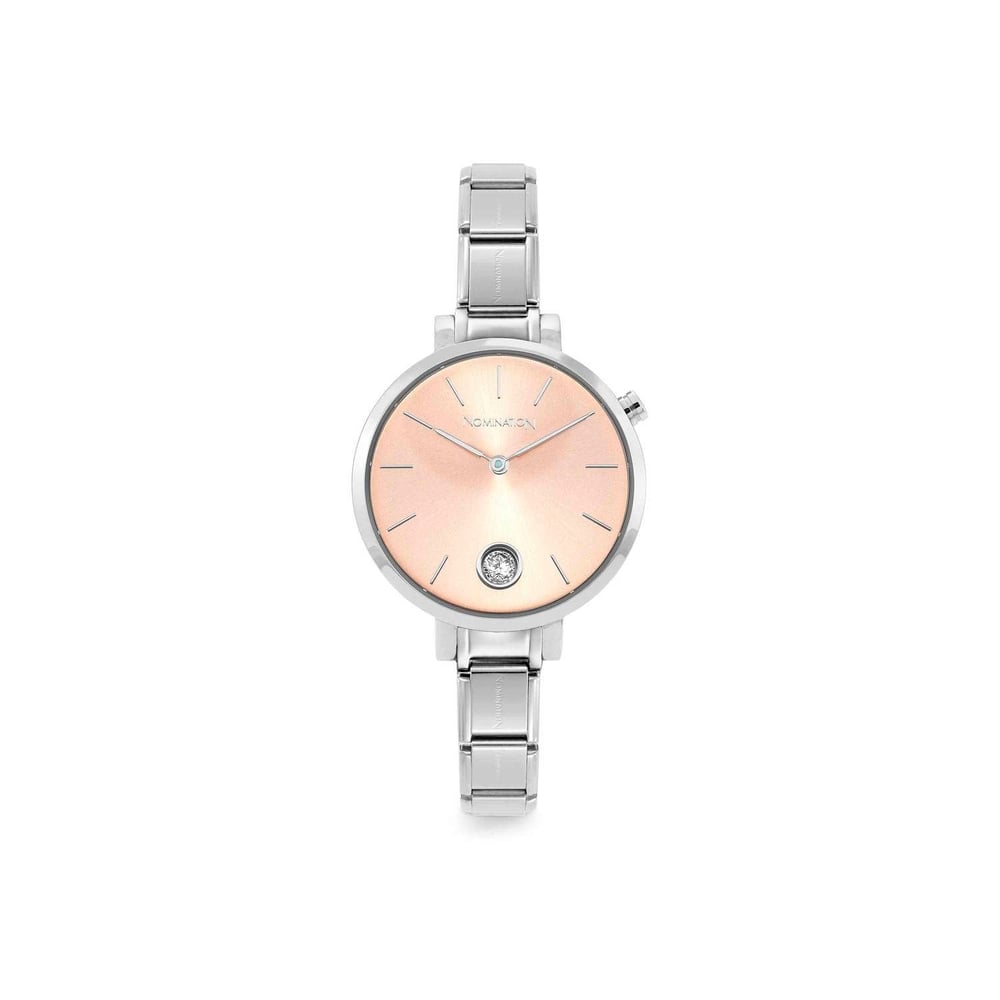 Composable Classic Time Yuvarlak Pembe Kadran Beyaz Zirkon Taşlı Gümüş Renk Kadın Kol Saati