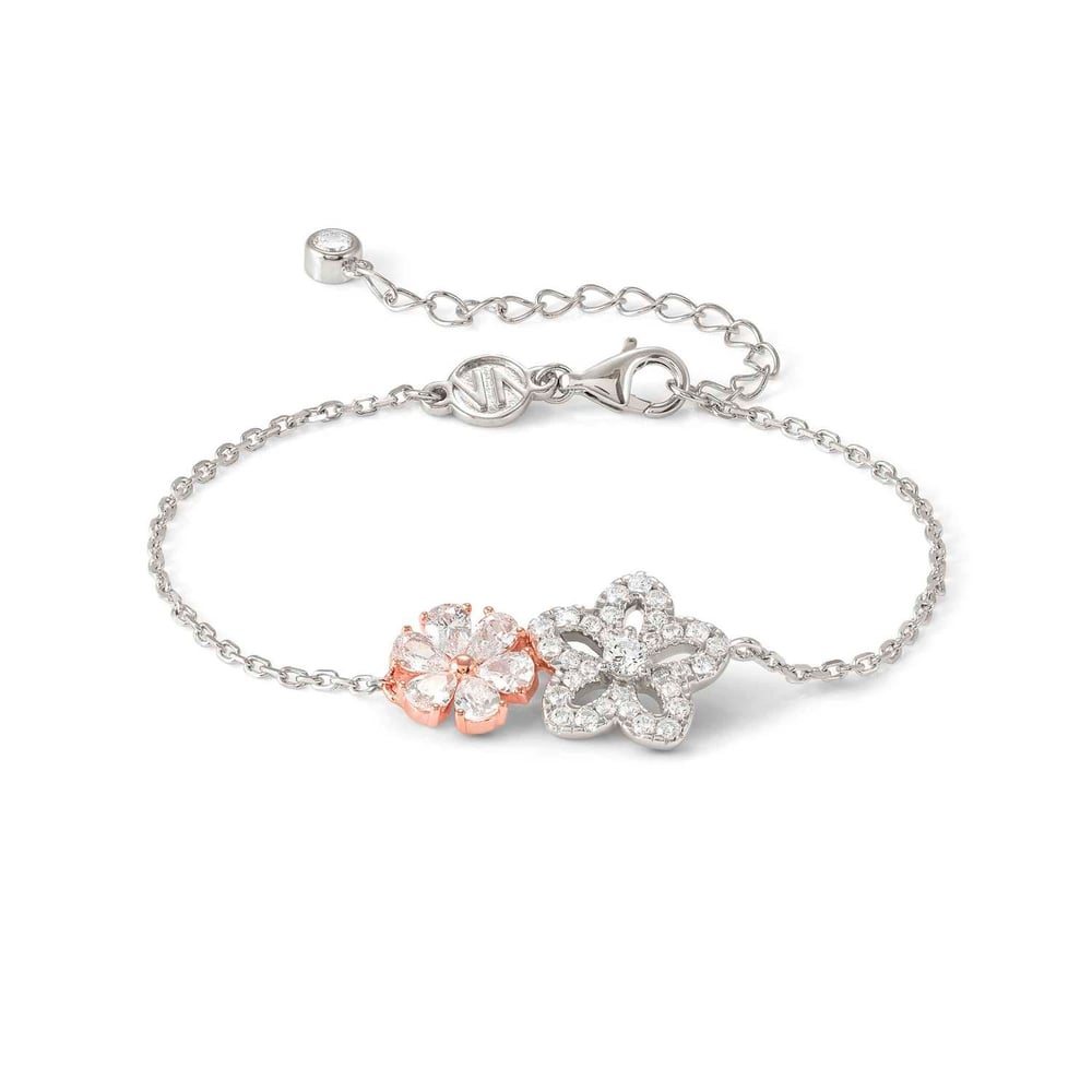 SweetMadame Beyaz Zirkon Taşlı Çift Çiçek Detaylı 925 Ayar Gümüş 22 Ayar Rose Gold Bileklik