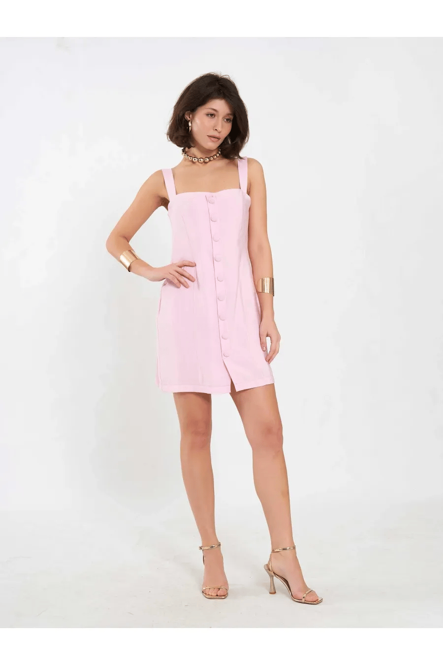 Düğmeli Mini Elbise Pembe