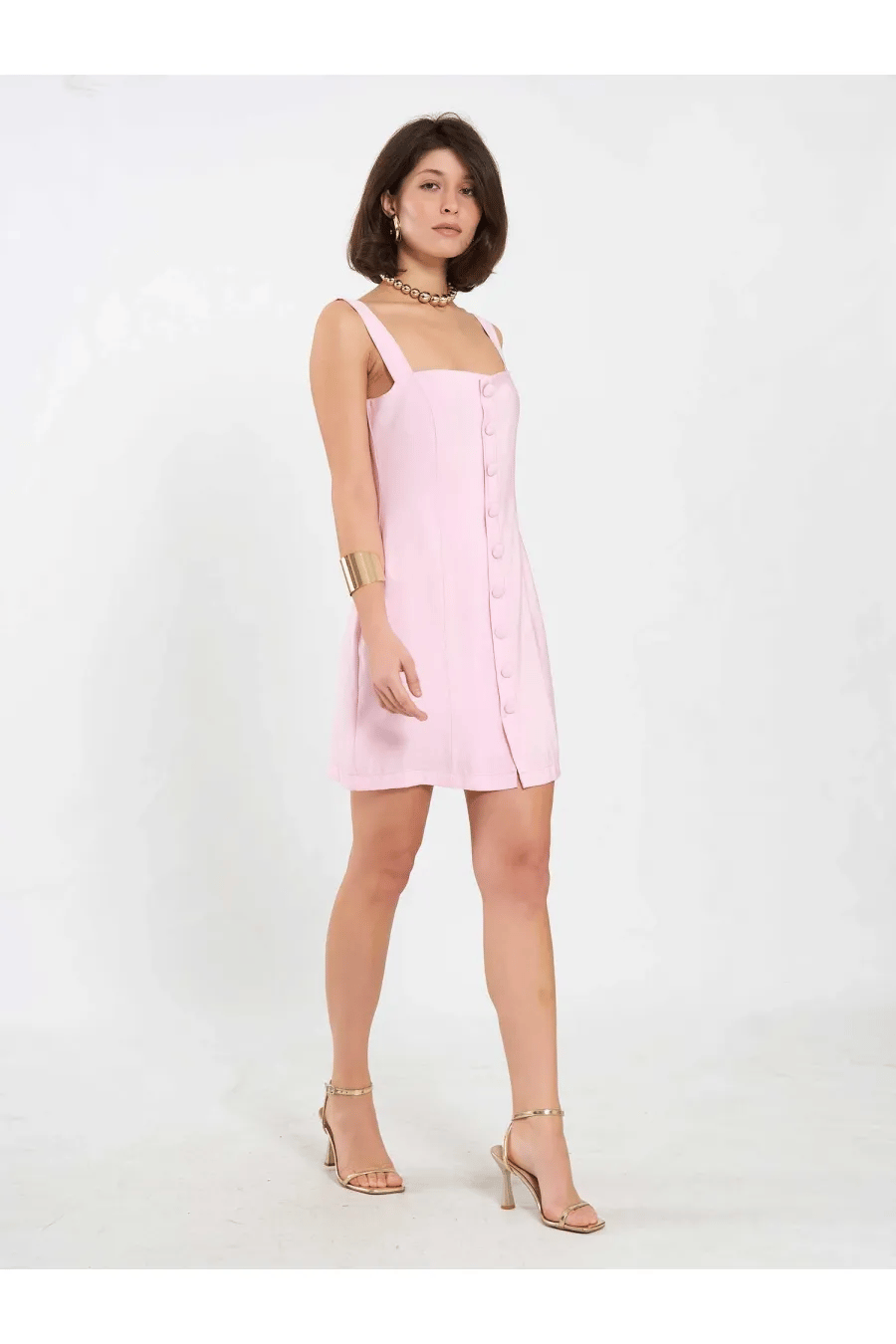 Düğmeli Mini Elbise Pembe