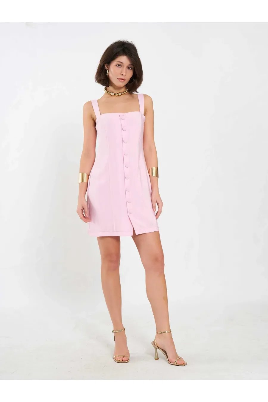 Düğmeli Mini Elbise Pembe