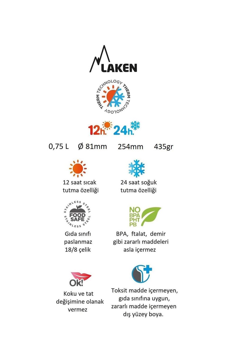 Laken Çelik 18/8 Bardak Kapaklı Termos Şişe 0,75L - Mavi LK1875A