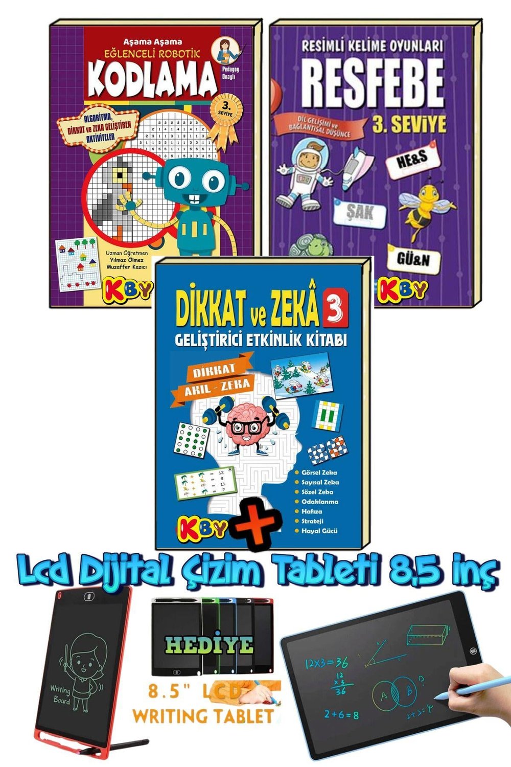 3.SINIF KODLAMA -RESFEBE VE DİKKAT ZEKA ETKİNLİK KİTAPLARI+LCD ÇİZİM ÇALIŞMA TABLETİ
