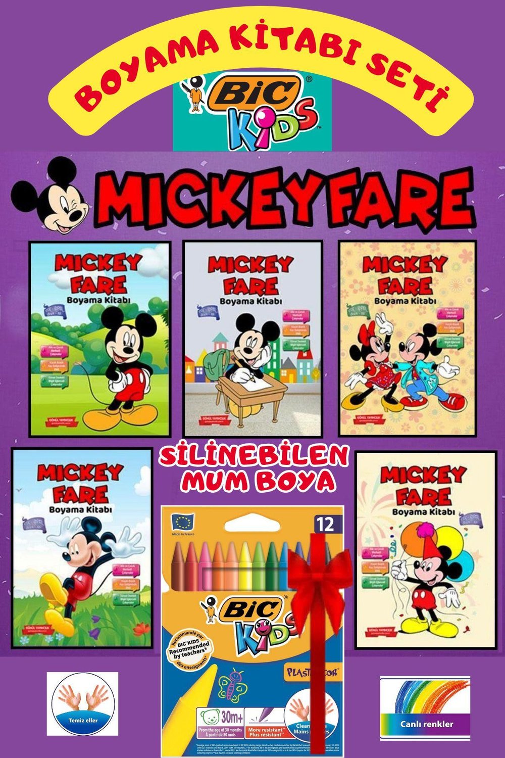 MİCKEY FARE BOYAMA 5 KİTAP+BİC KİDS SİLİNEBİLEN MUM BOYA SETİ