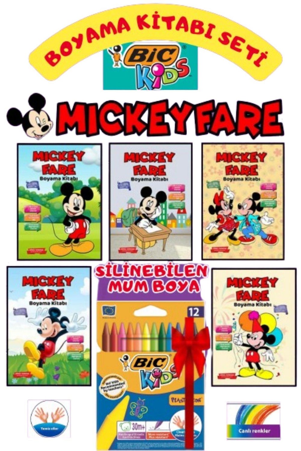 MİCKEY FARE BOYAMA 5 KİTAP+BİC KİDS SİLİNEBİLEN MUM BOYA SETİ