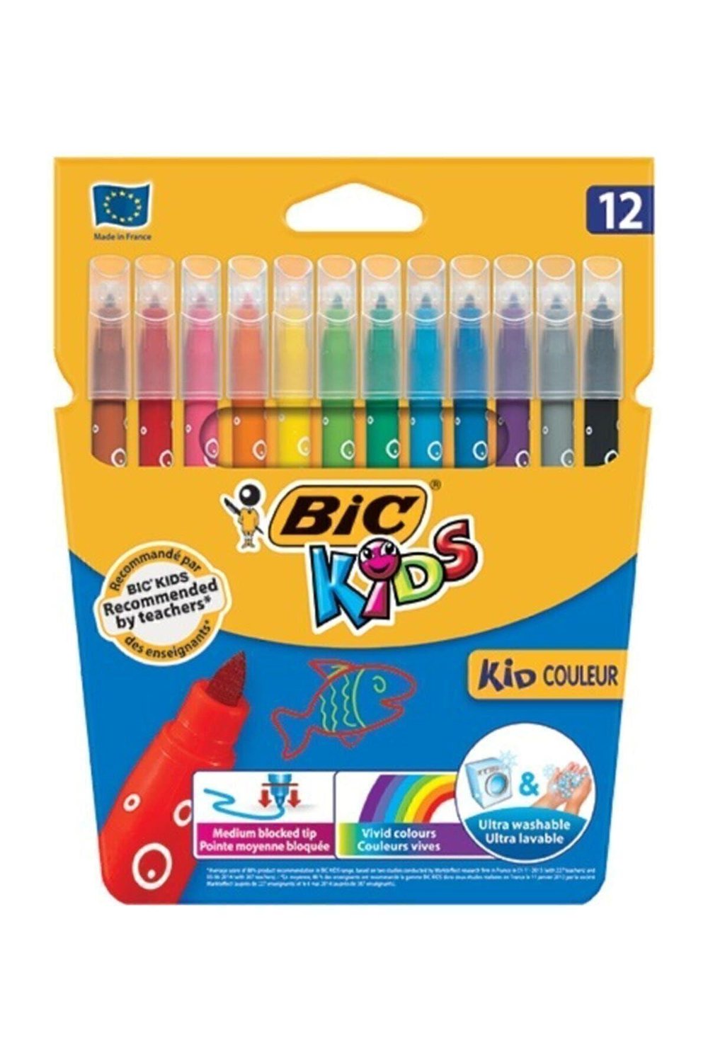 Unisex Çocuk Sarı Kid Couleur Keçeli Boya Kalemi 12`li Kutu Ultra Yıkanabilir