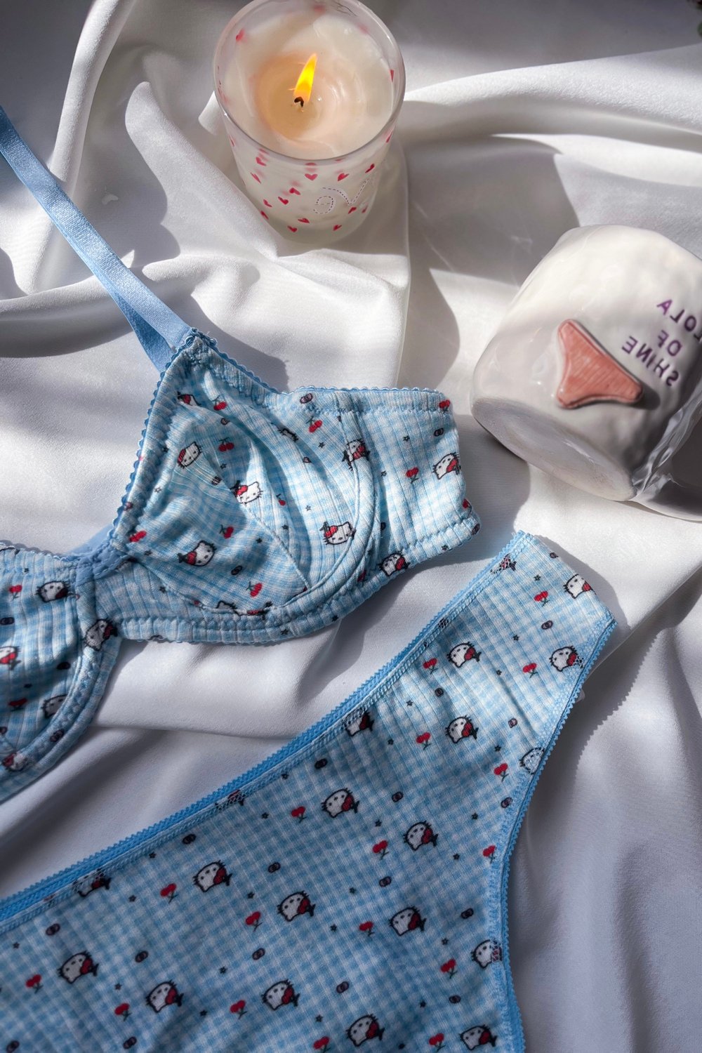 Kitty Koleksiyonu –Mavi Pamuklu Dantel Detaylı Bralet & Külot Seti 