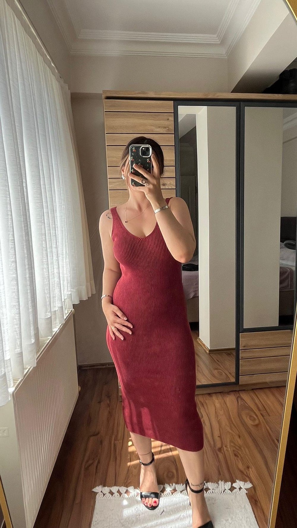 Bordo Renk Yıkamalı Triko Elbise