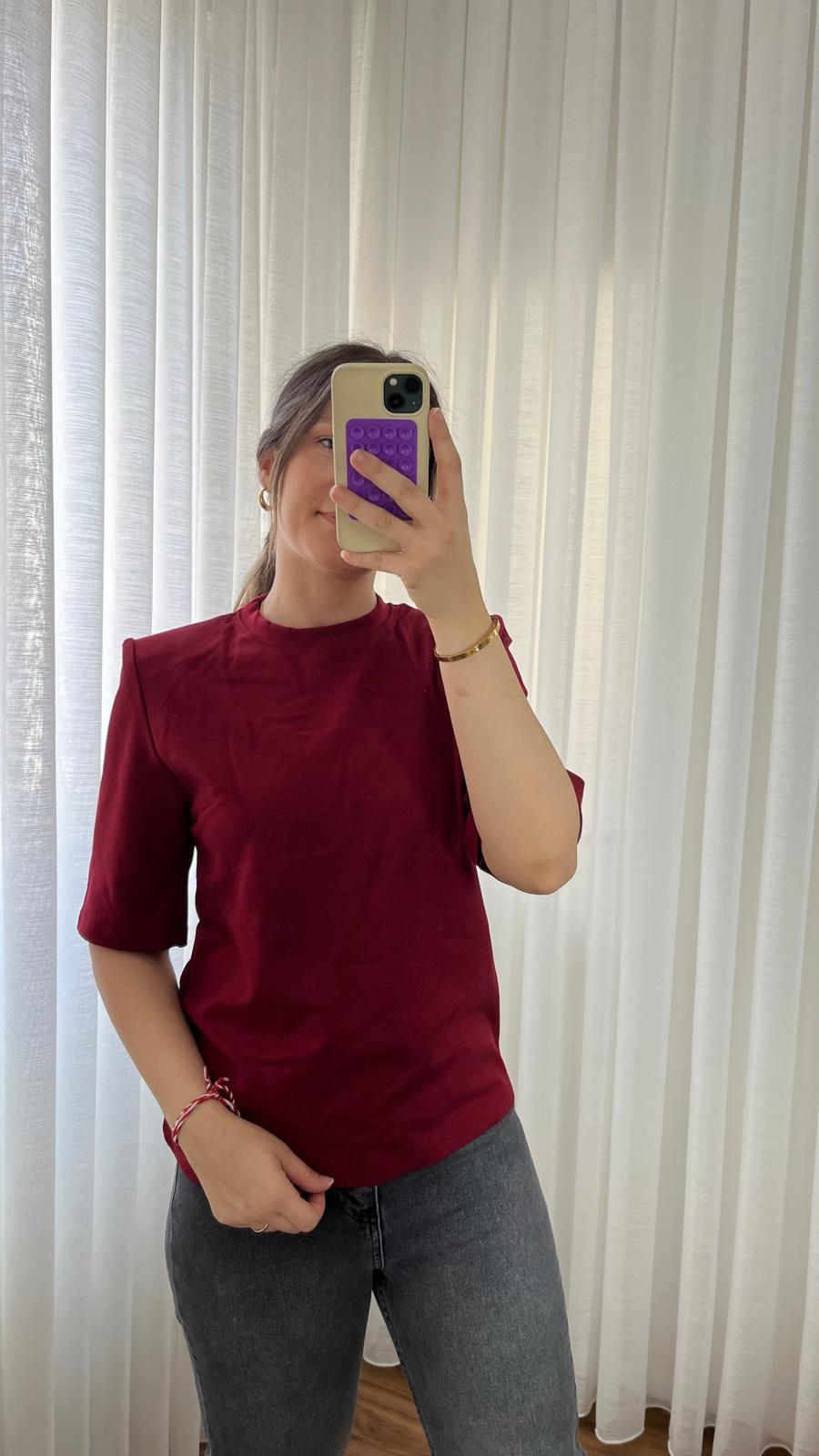 Bordo Vatkalı Basic Kısa Kollu Tshırt