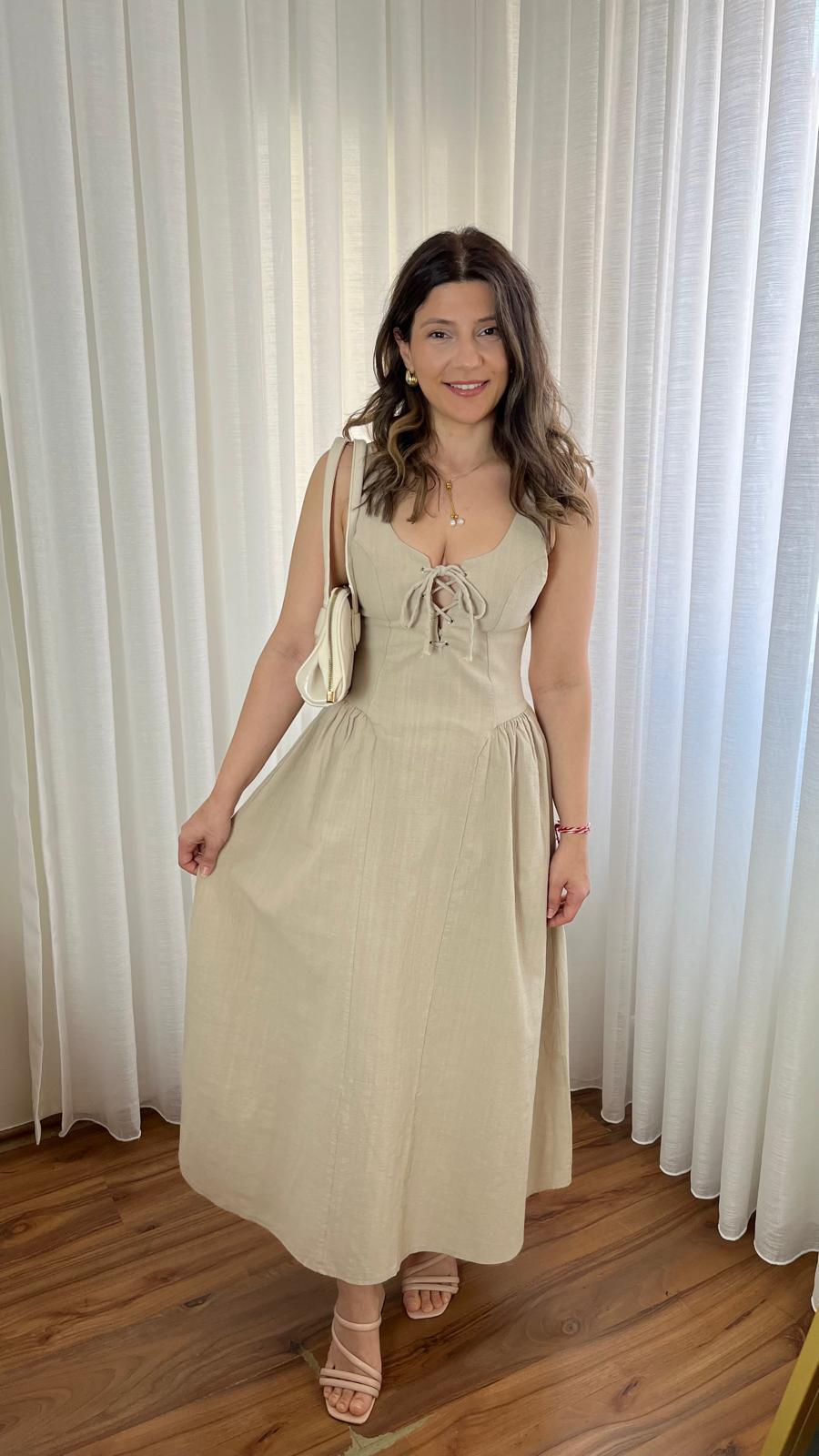 Önden Bağlamalı Askılı Elbise-Nude