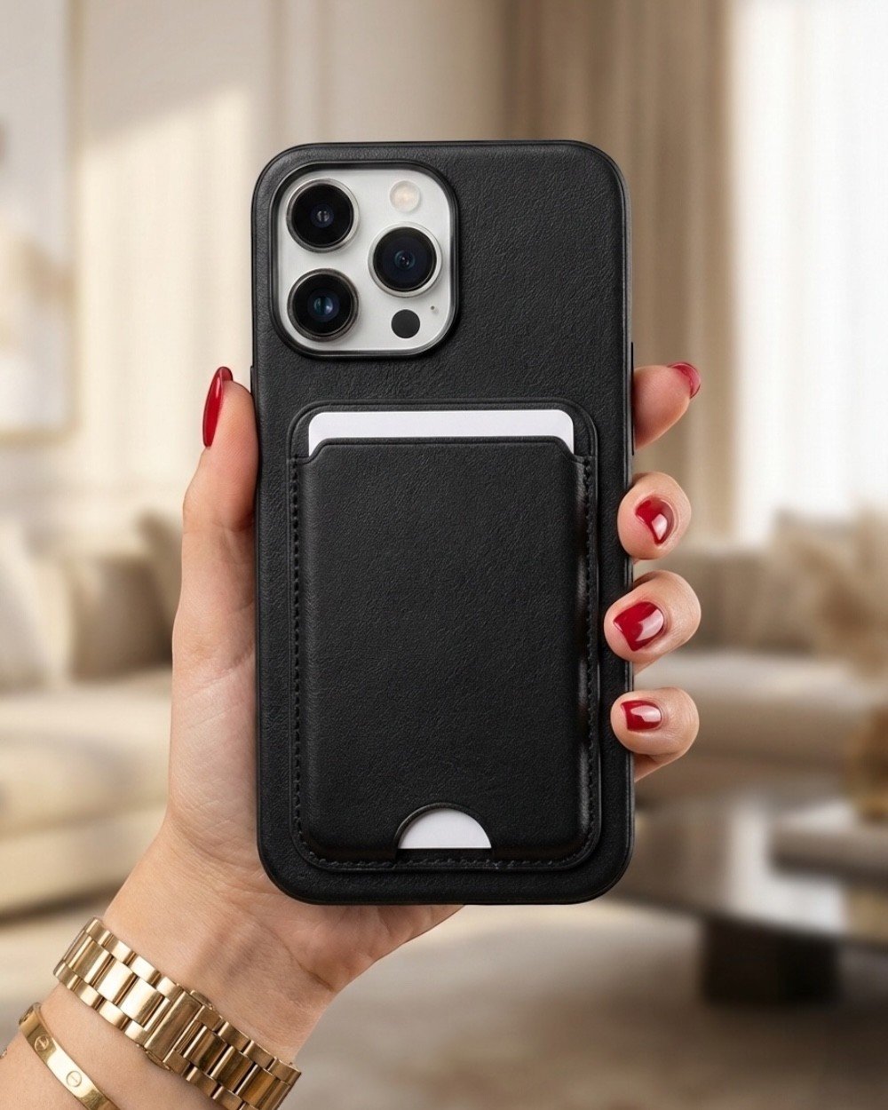 Telefon KılıfıIphone Uyumlu Deri Yüzeyli Sabit Kartlıklı Cüzdan Kılıf