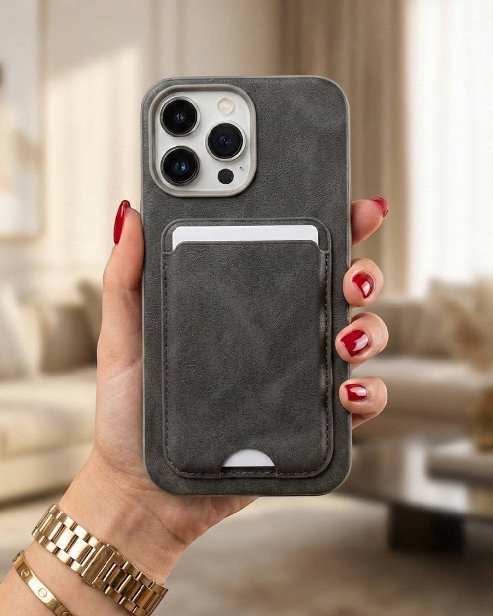 Telefon KılıfıIphone Uyumlu Deri Yüzeyli Sabit Kartlıklı Cüzdan Kılıf