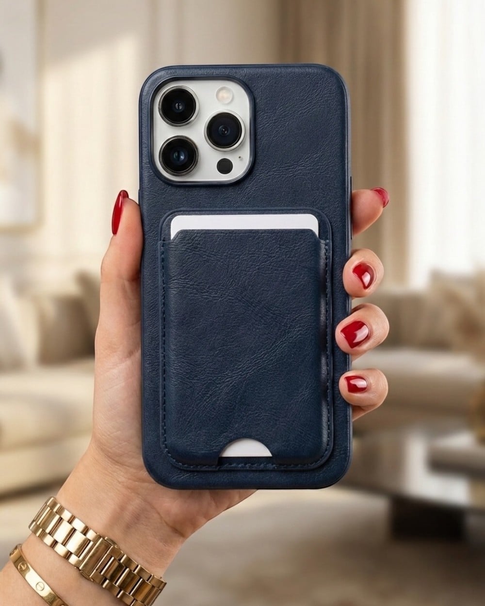 Telefon KılıfıIphone Uyumlu Deri Yüzeyli Sabit Kartlıklı Cüzdan Kılıf