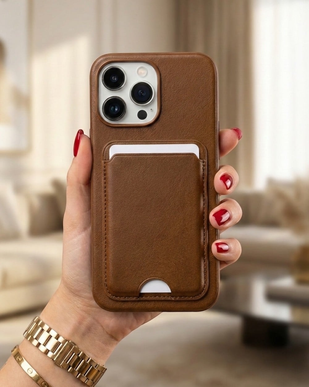 Telefon KılıfıIphone Uyumlu Deri Yüzeyli Sabit Kartlıklı Cüzdan Kılıf