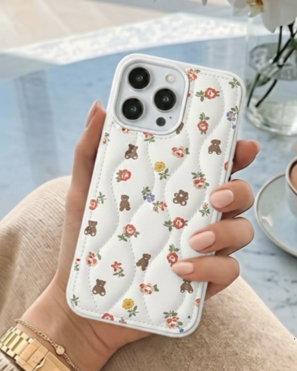Telefon KılıfıIphone Uyumlu Kapitone Çiçek Desenli Kılıf