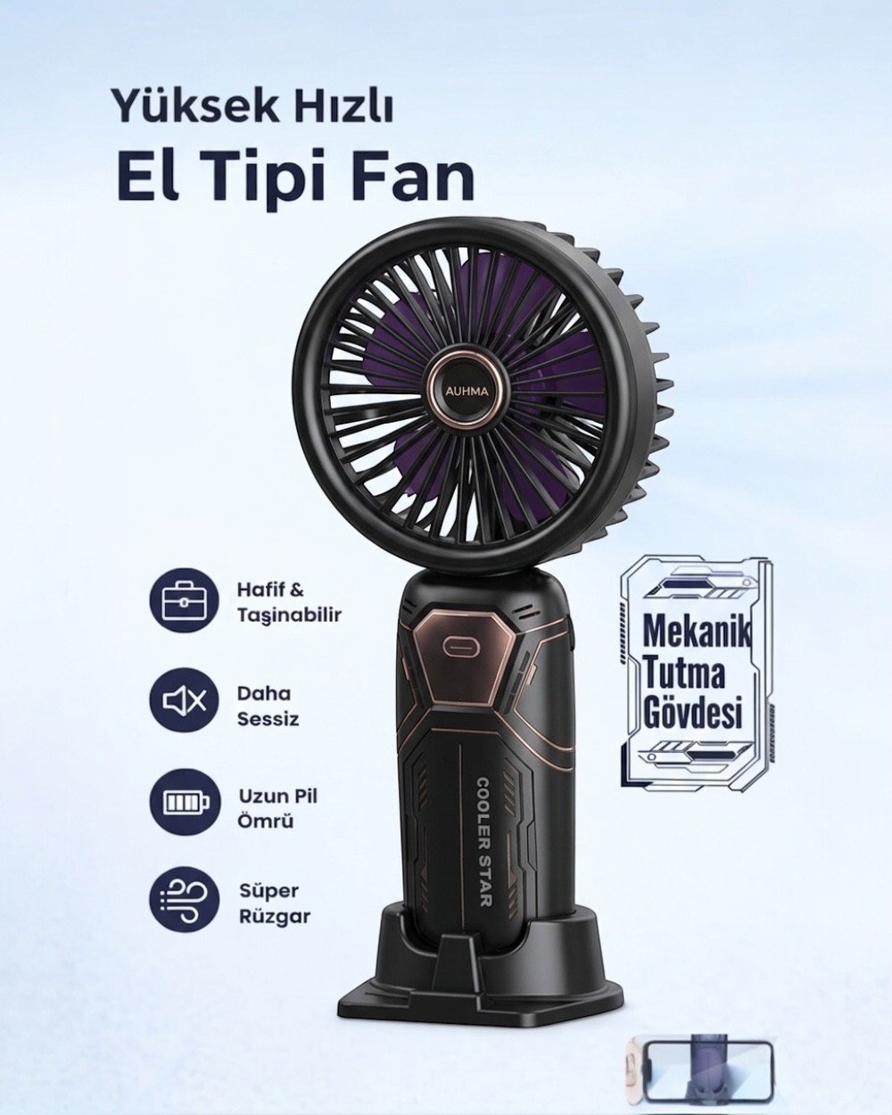 El ve Masaüstü FanMekanik Tasarımlı Telefon Standlı Yüksek Hızlı Şarjlı Taşınabilir El Fanı Mini Vantilatör