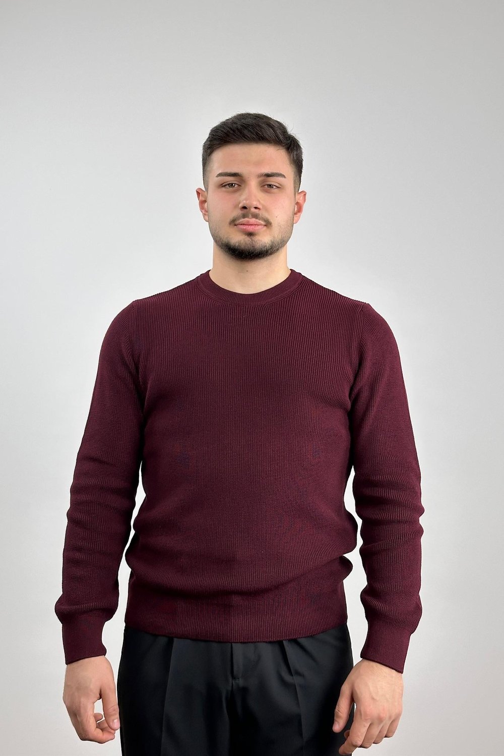 Bisiklet Yaka Örme Kazak - Bordo