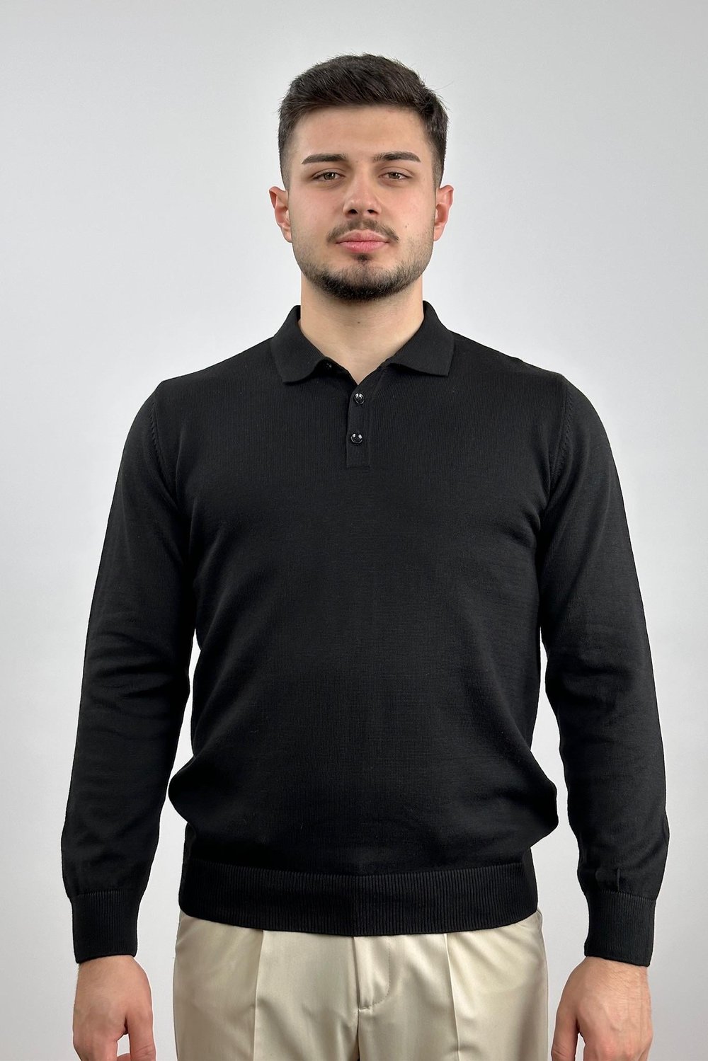 Düğmeli Polo Yaka Triko - Siyah