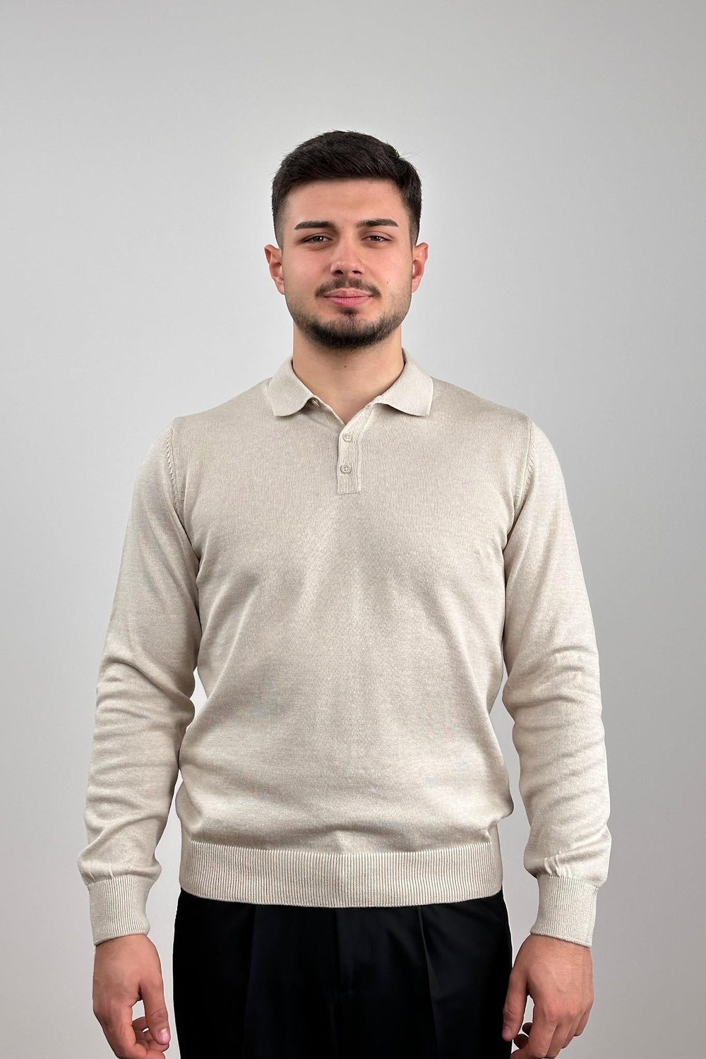 Düğmeli Polo Yaka Triko - Taş