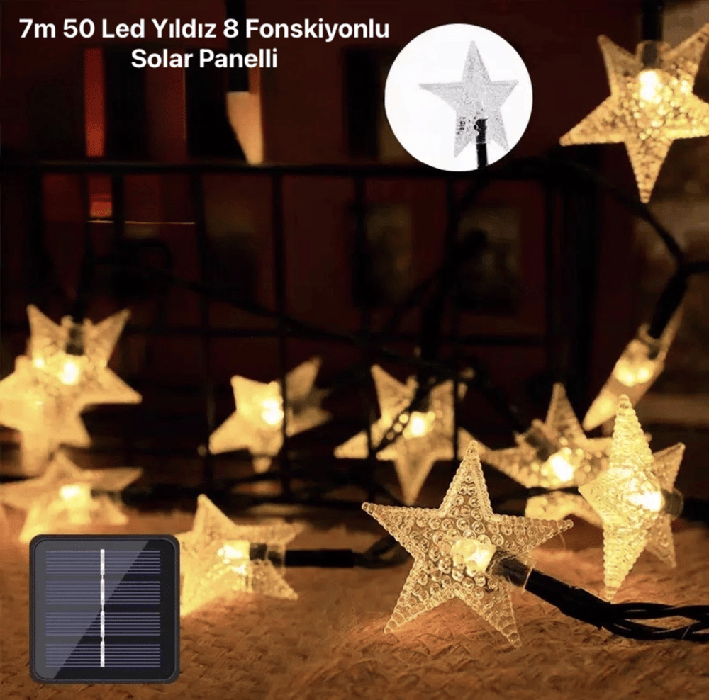 7m 50 Led Yıldız 8 Fonksiyonlu Solar Panelli-gün Işığı
