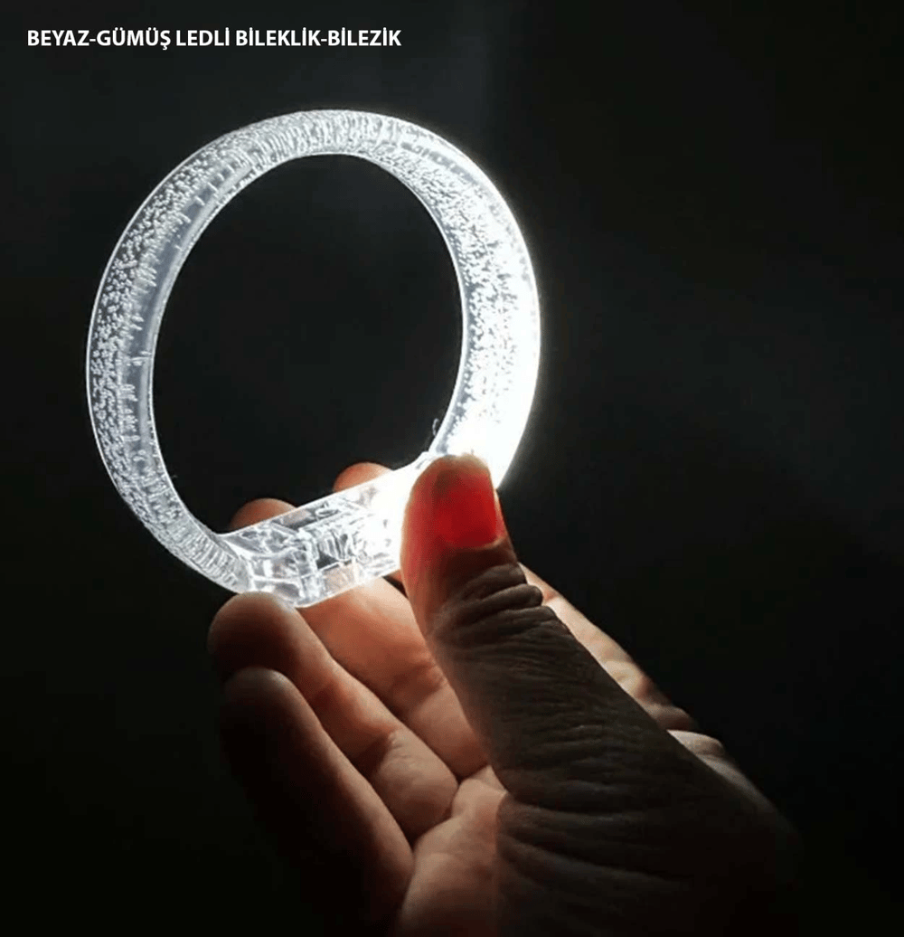 Beyaz-gümüş Led Işıklı Baskı Yapılabilen Pilli Bileklik Bilezik 1,5 Cm Genişlik