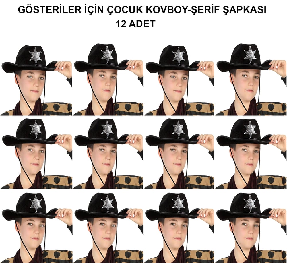 Kovboy Şerif Şapkası Siyah 12 Adet - Kostüm, Parti Ve Gösteri Şapkası