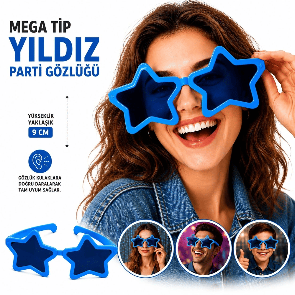 Mega Tip Yıldız Parti Gözlüğü Mavi Renk