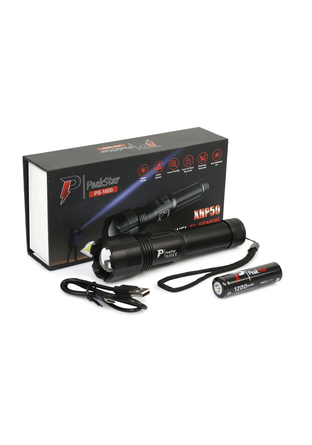 Ps-1600 Süper Parlak Led Zoomlu 5 Mod Su Geçirmez Profesyonel Kamp Bekçi Avcı Feneri