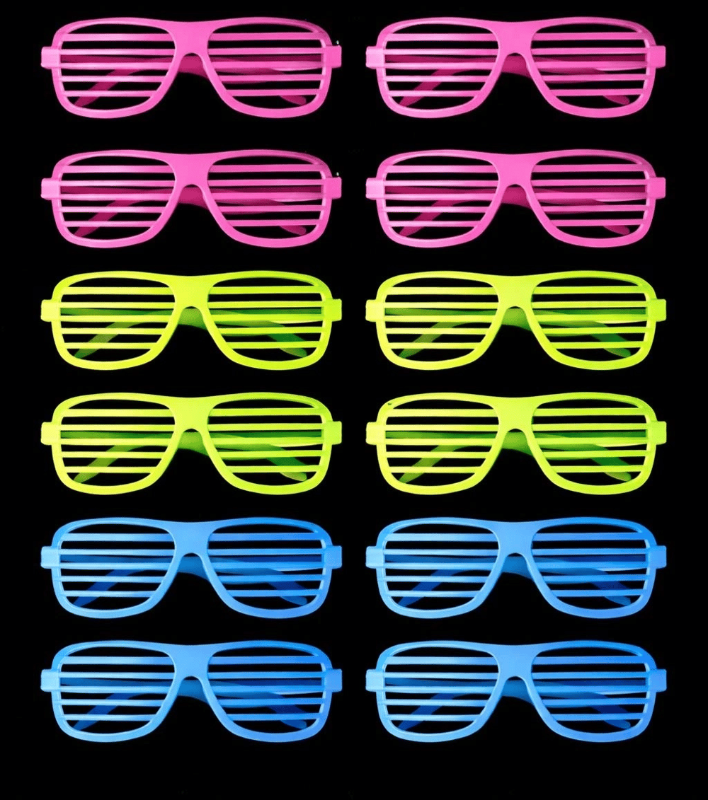 Retro Neon Fosforlu Panjur Gözlük 12 Adet – 80’ler 90’lar Parti Stili