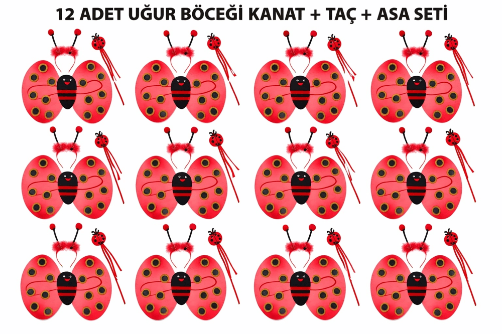 Uğur Böceği Kostüm Seti - Kanat Taç Asa 3 Parça 12 Adet