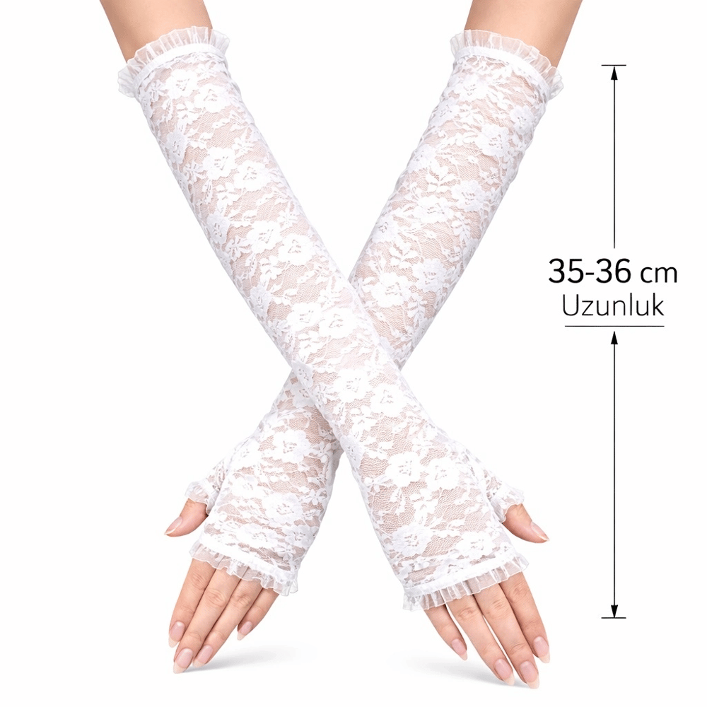 Uzun Zarif Dantel Eldiven Parmaksız Beyaz 35 Cm